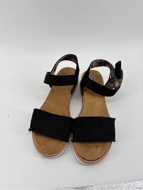 Skechers BOBS Desert Kiss Adobe Princess Black Frayed Wedge Sandals, Women Sz 9